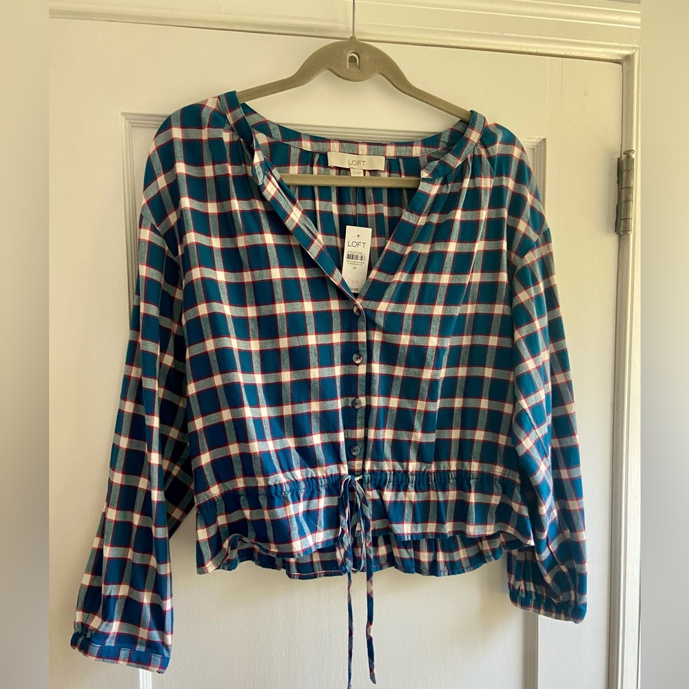 LOFT 💙 Plaid Button Top Blue Medium NWT